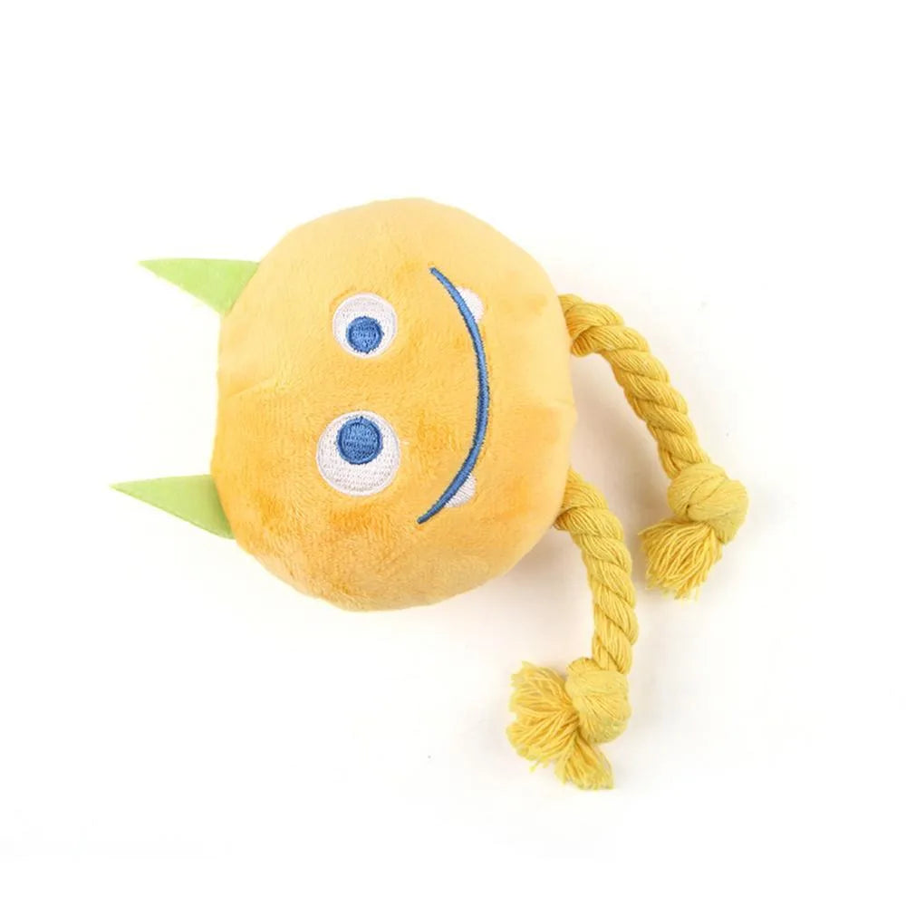 Blue and yellow dog squeaky toy with strong knot design cotton rope construction