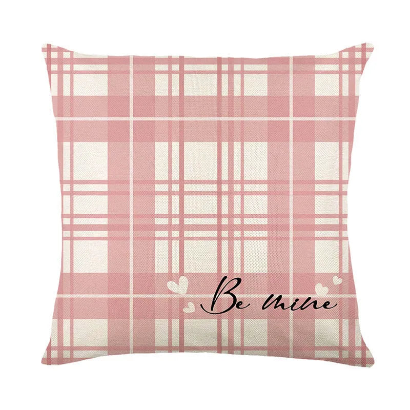 Square plaid and heart print pillow cover, 45cm by 45cm, in one of four colour options.