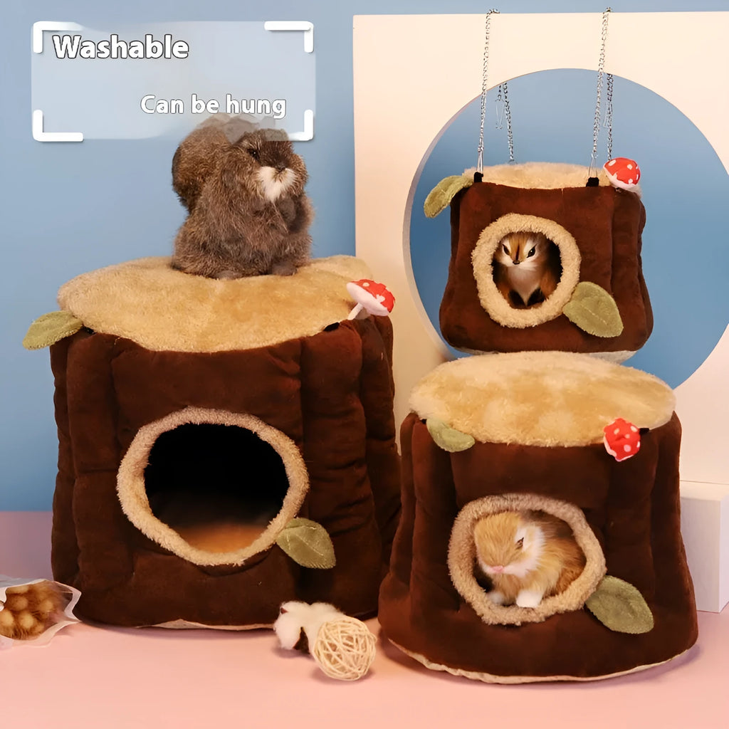 Brown cloth hanging stump nest for rabbits or small pets, shown in three size options S, M, L.