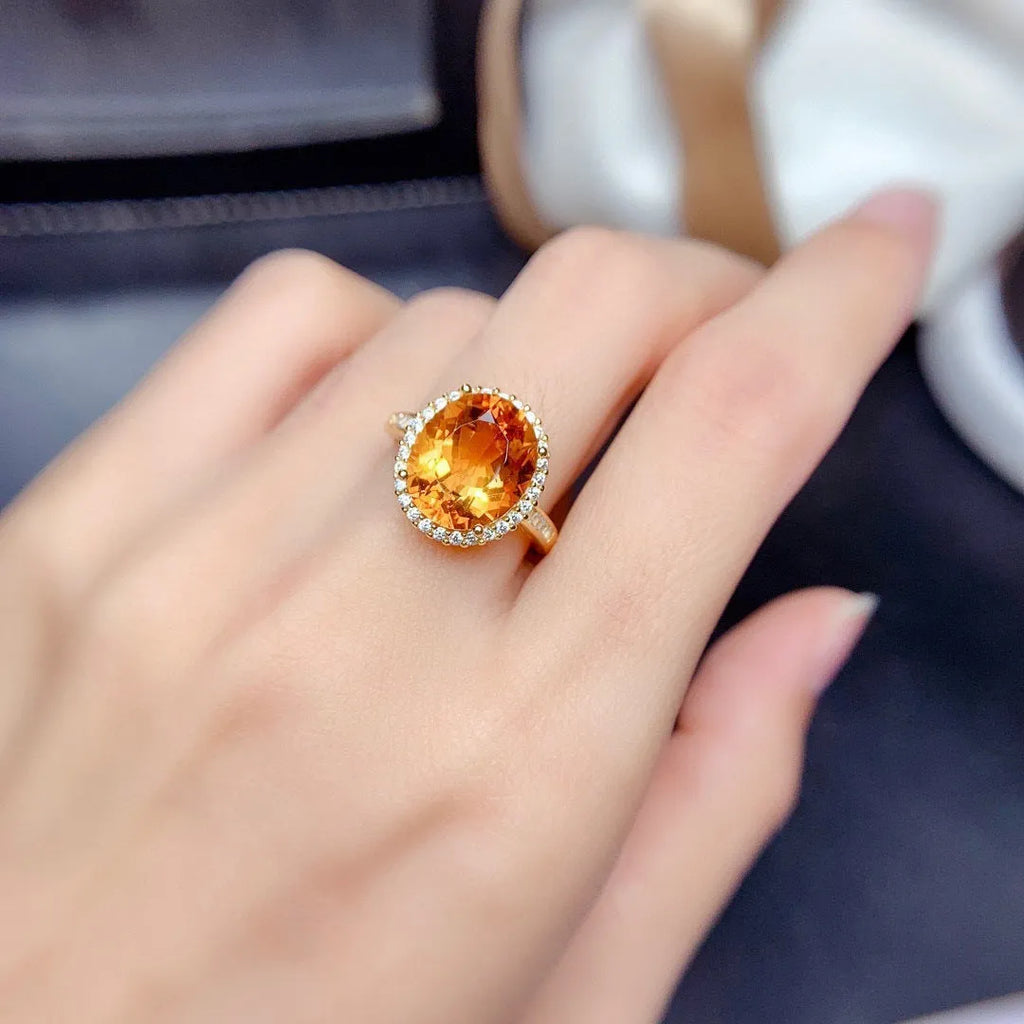 Natural citrine open ring on copper adjustable band with gold yellow diamond finish geometric shape