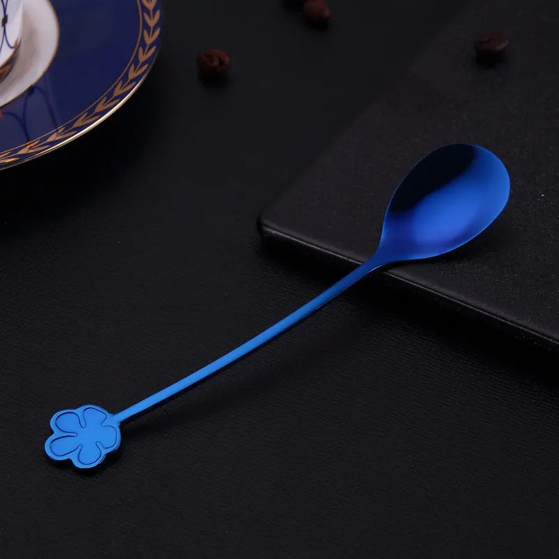 Gold plated 304 stainless steel dessert spoon with engraved flower pattern in multiple colours