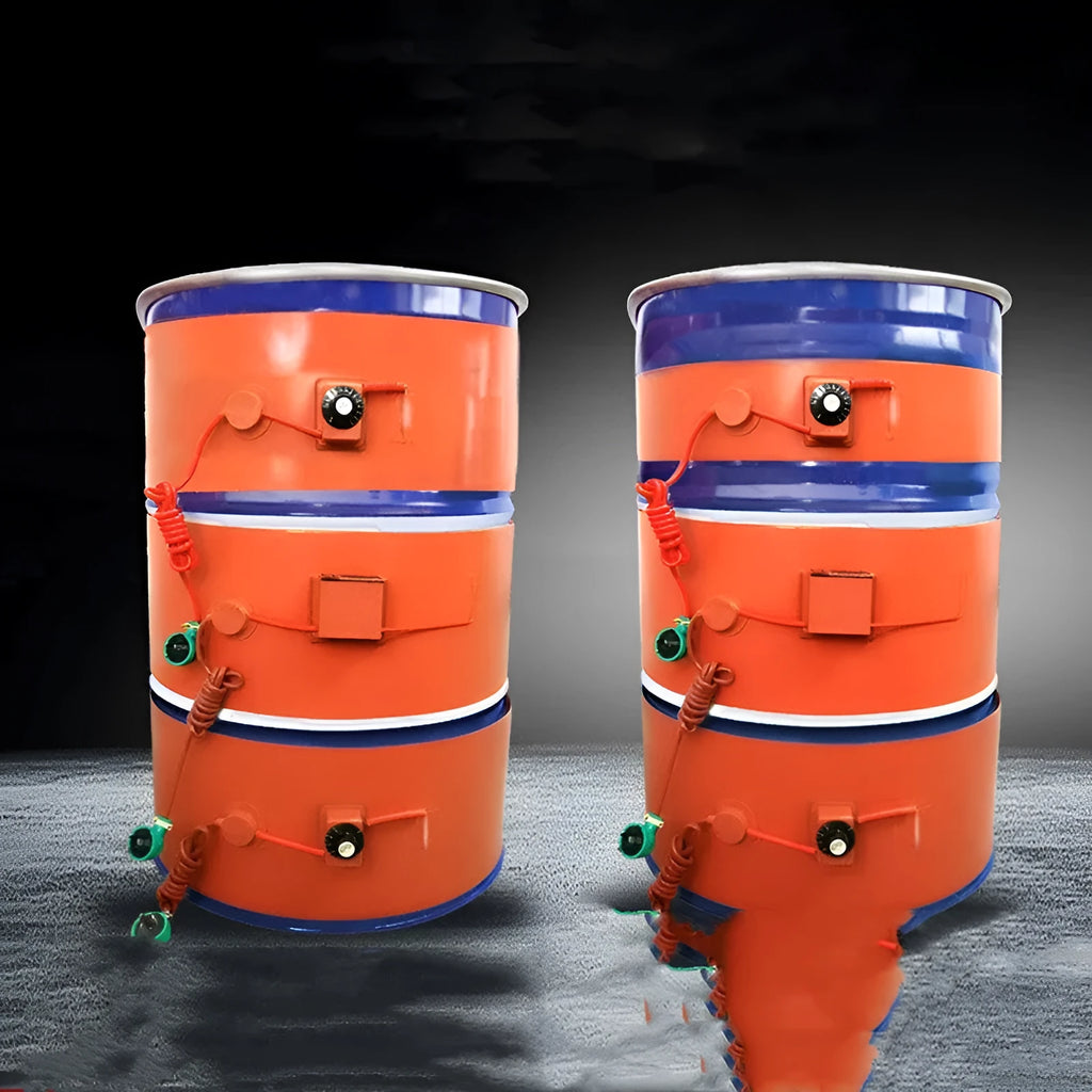 Silicone rubber heating belt wrapped around 200-litre oil drum with digital temperature controller