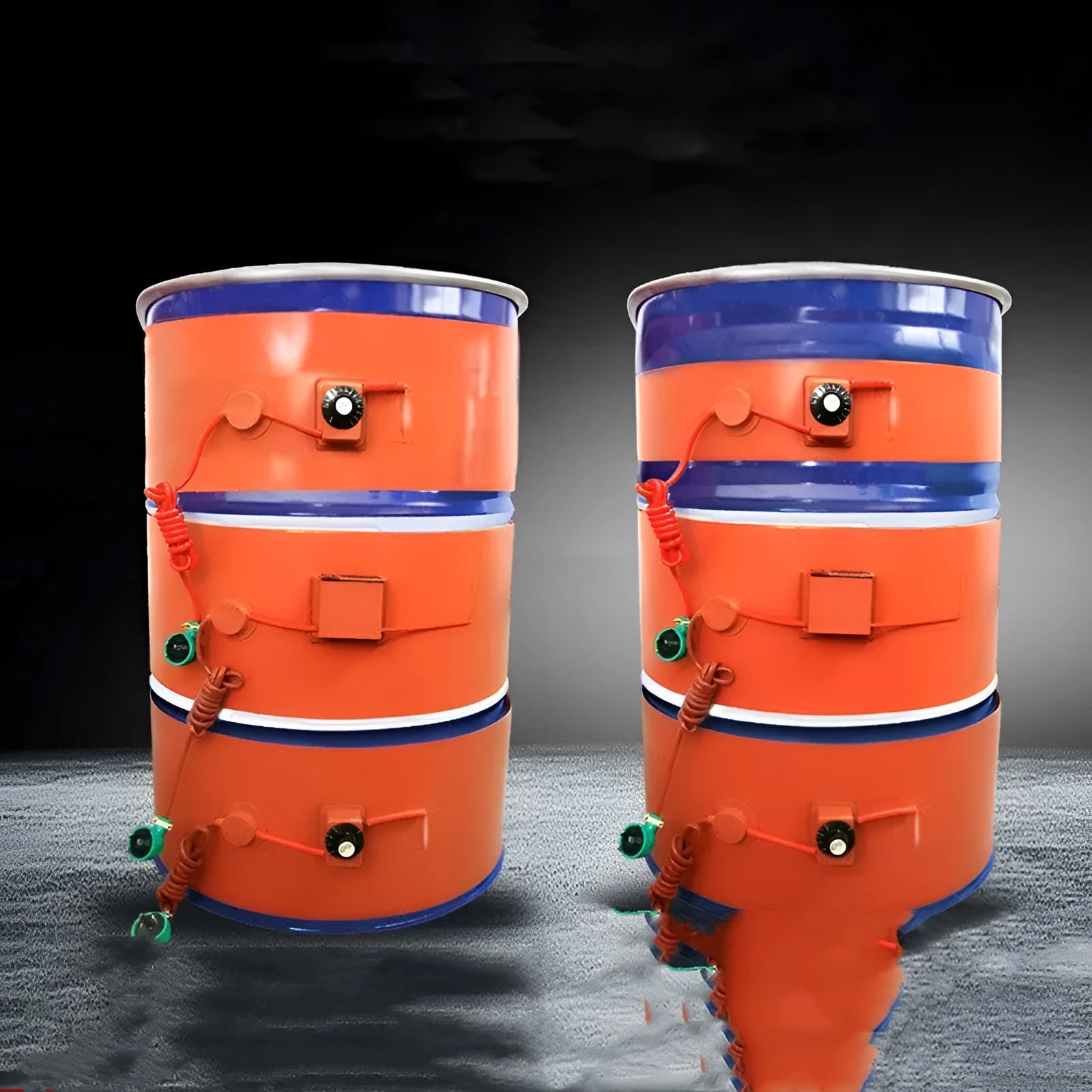 Silicone rubber heating belt wrapped around 200-litre oil drum with digital temperature controller