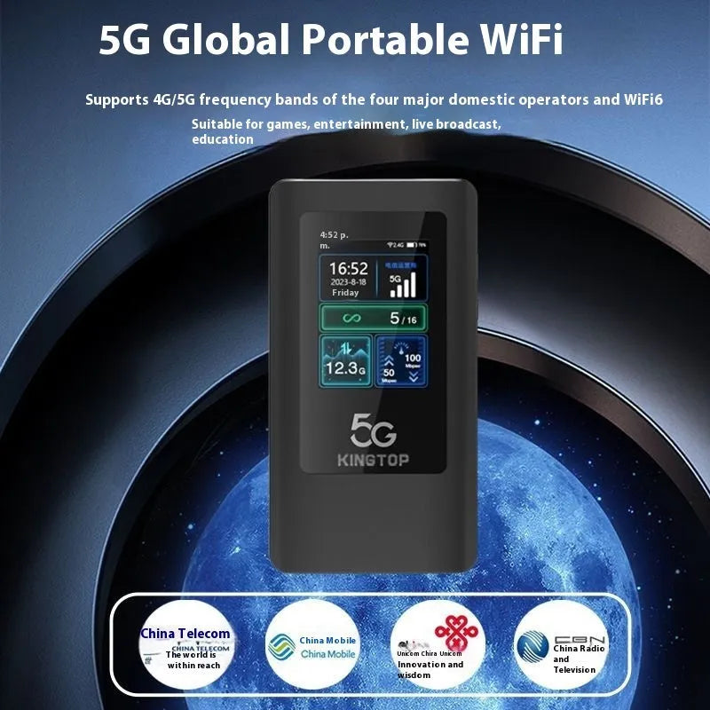 Black 5G portable Wi-Fi router with display screen, shown with charging cable and power adapter.
