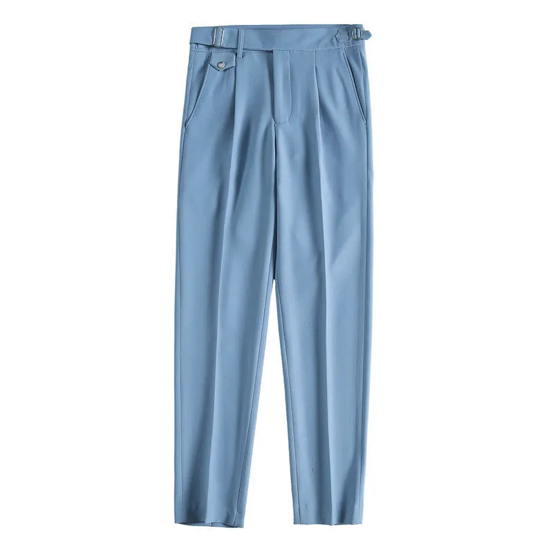 Straight-leg casual polyester trousers on a hanger, shown in a solid colour.