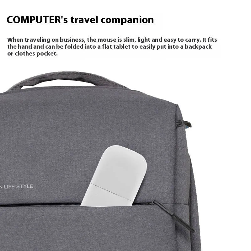 Folding Bluetooth wireless mouse shown in black colour, demonstrating compact folded and unfolded positions