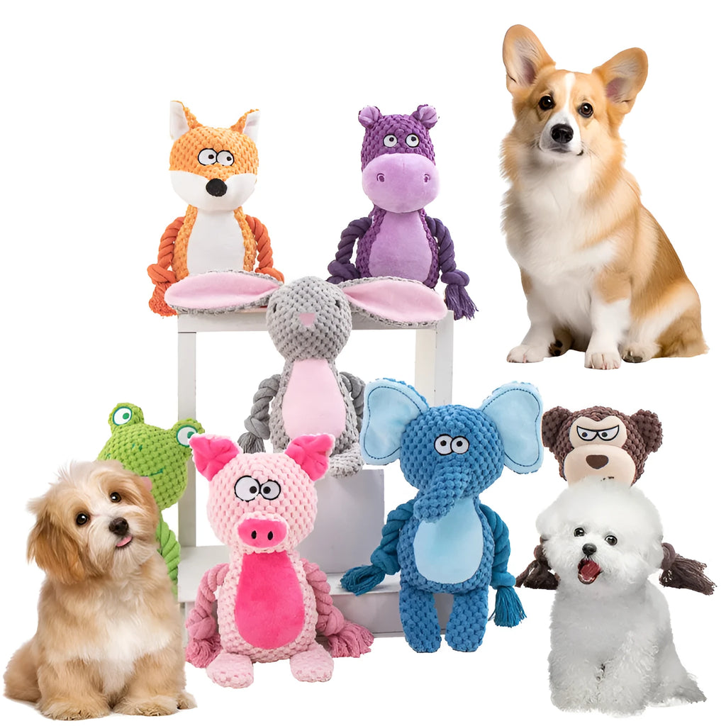 Plush dog toy with cotton rope elements and sound feature for tug of war training in animal designs