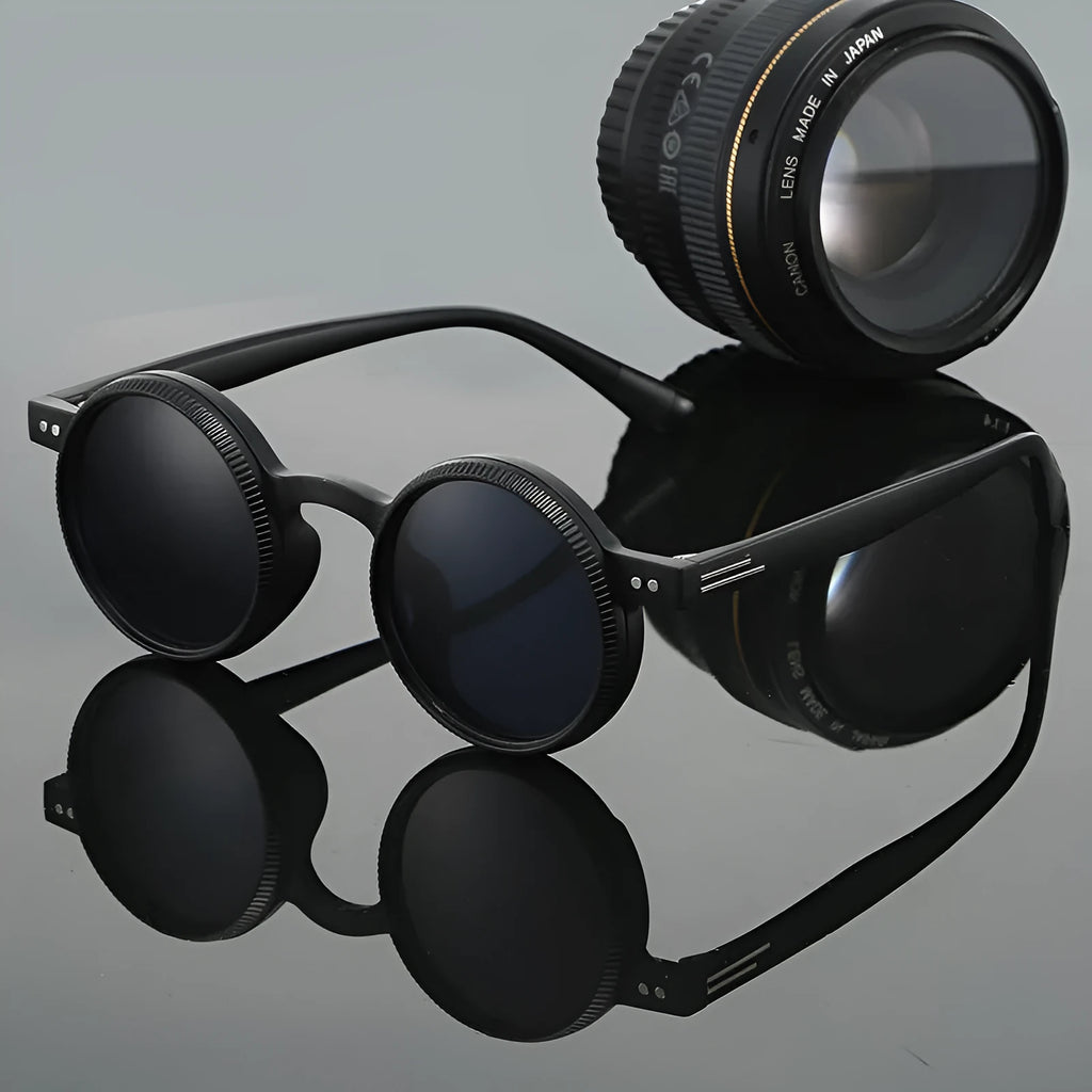 Men's adjustable zoom polarized round frame sunglasses in black for driving and fishing retro style