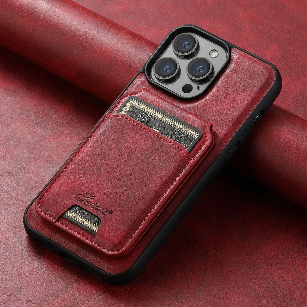 MagSafe compatible silicone iPhone case with magnetic card holder on back in oil wax pattern finish