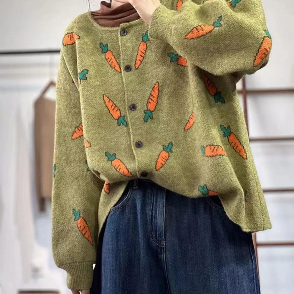 Women's loose grey cardigan with white Mori artistic forest pattern print and colour contrast details.