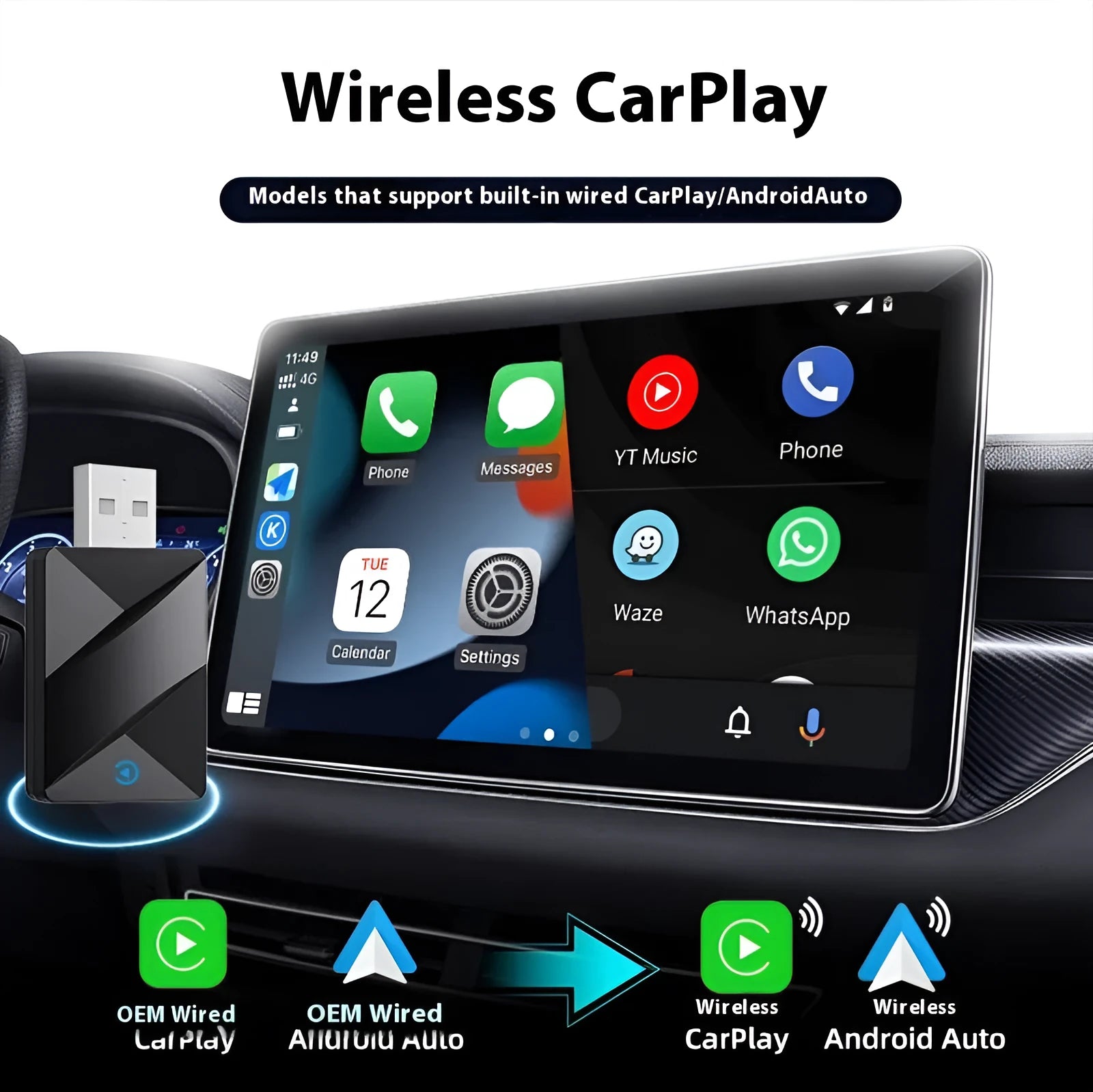 Black CarPlay wired to wireless conversion box with USB Type-C connector for universal car machines