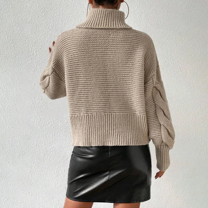 Twist thread solid colour loose pullover sweater for women in camel, polyester fabric, long sleeves