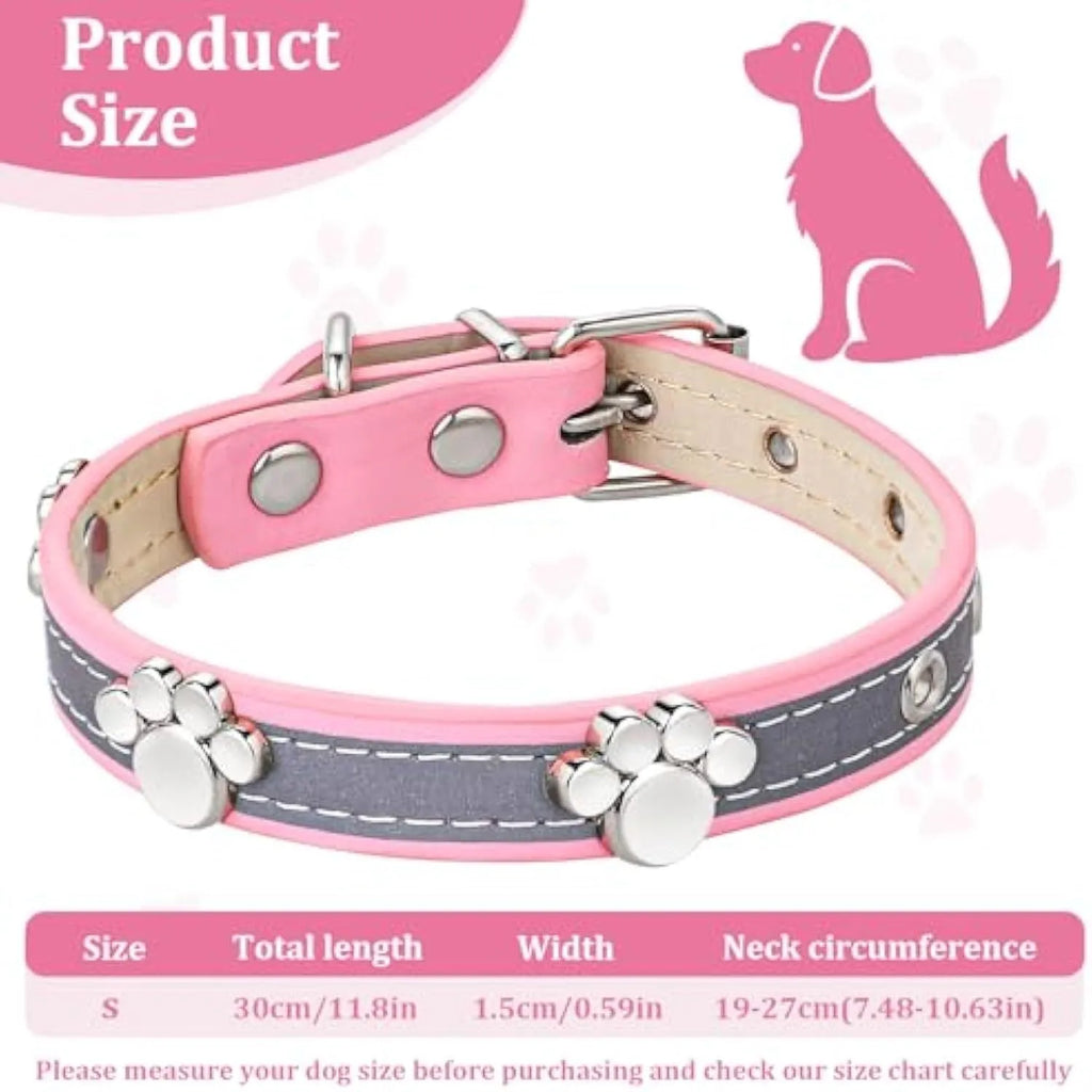 Reflective adjustable leather dog collar with cute paw rivet on a grey background