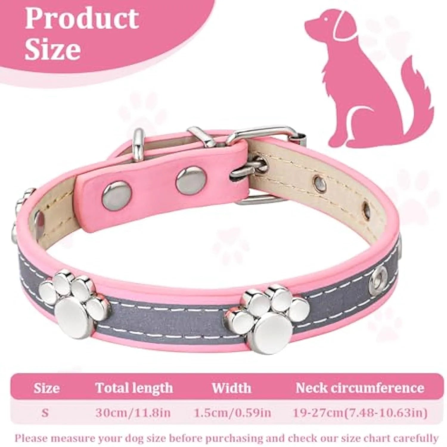 Reflective adjustable leather dog collar with cute paw rivet on a grey background