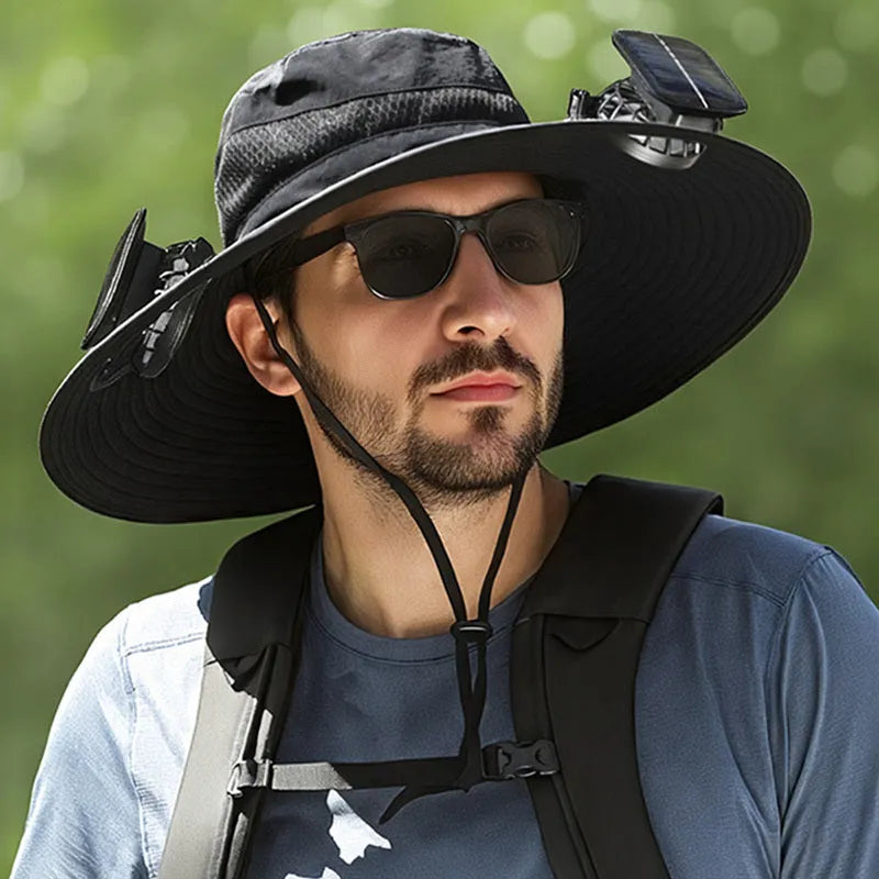 Solar-powered fan hat with integrated cooling fan and solar panel on brim