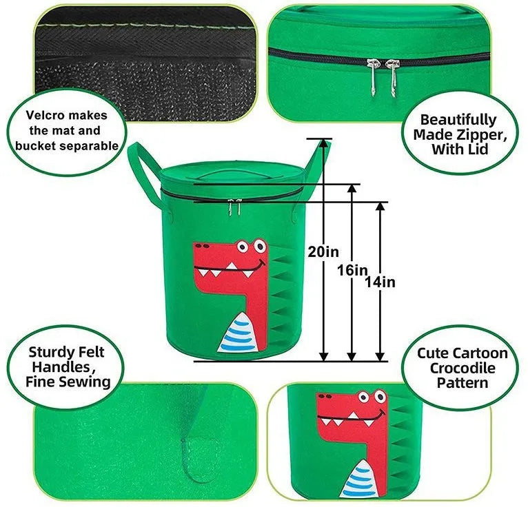 Green felt cube storage bag with pull rope, laid flat as a play mat next to toys.