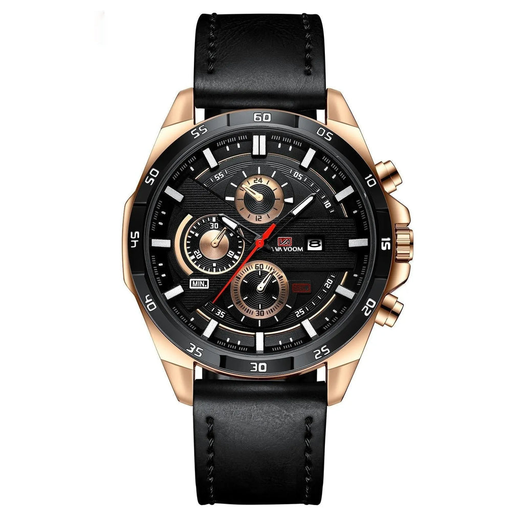 Men's casual waterproof quartz watch with business calendar on brown leather strap.
