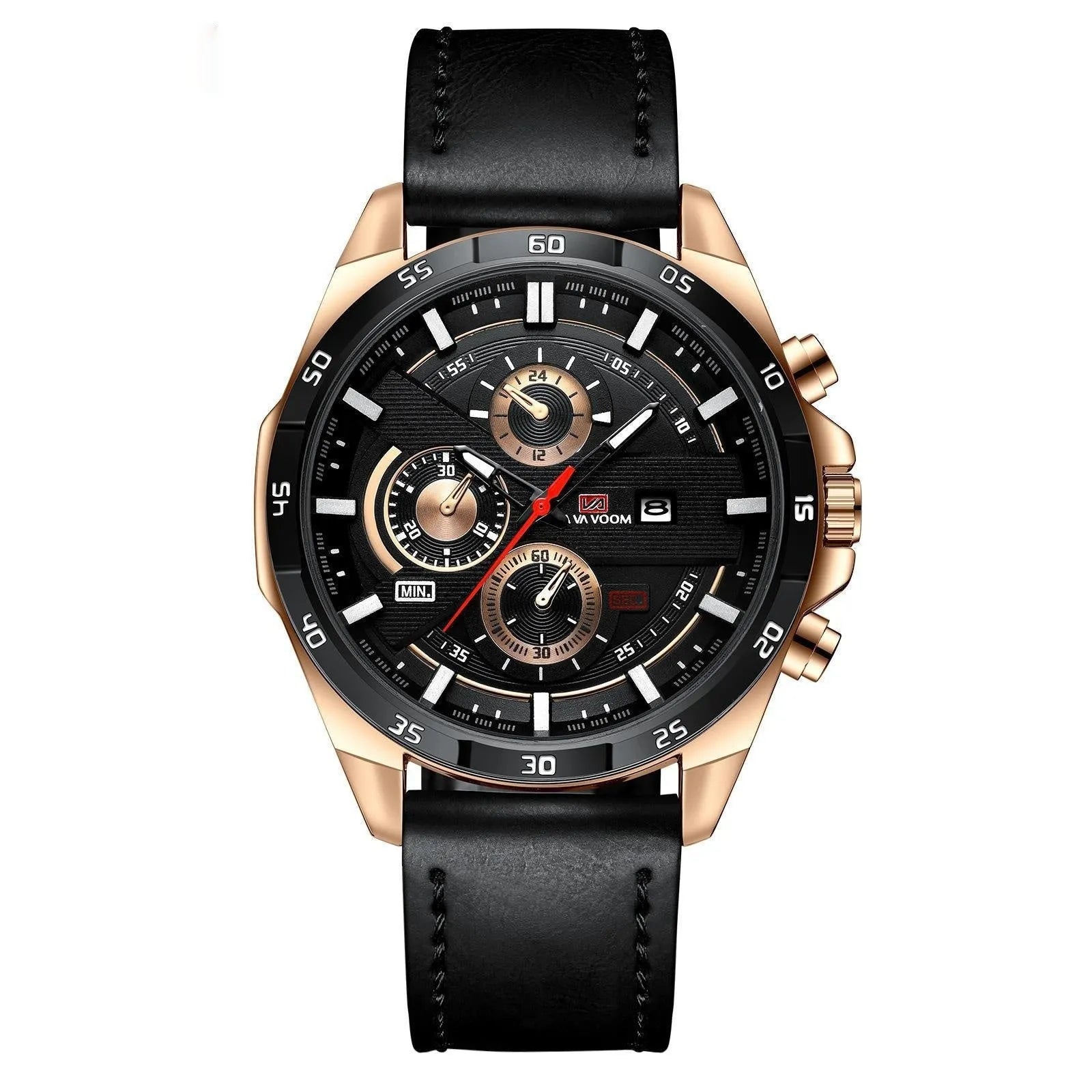 Men's casual waterproof quartz watch with business calendar on brown leather strap.