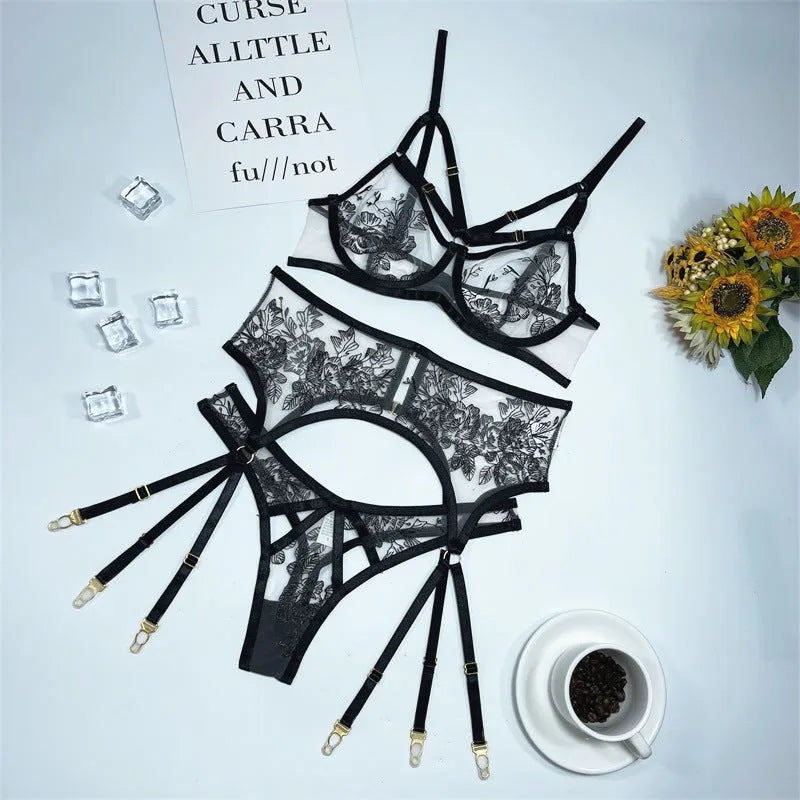 Black women's lace mesh floral print three-piece clothing set with top, pants and waist ring