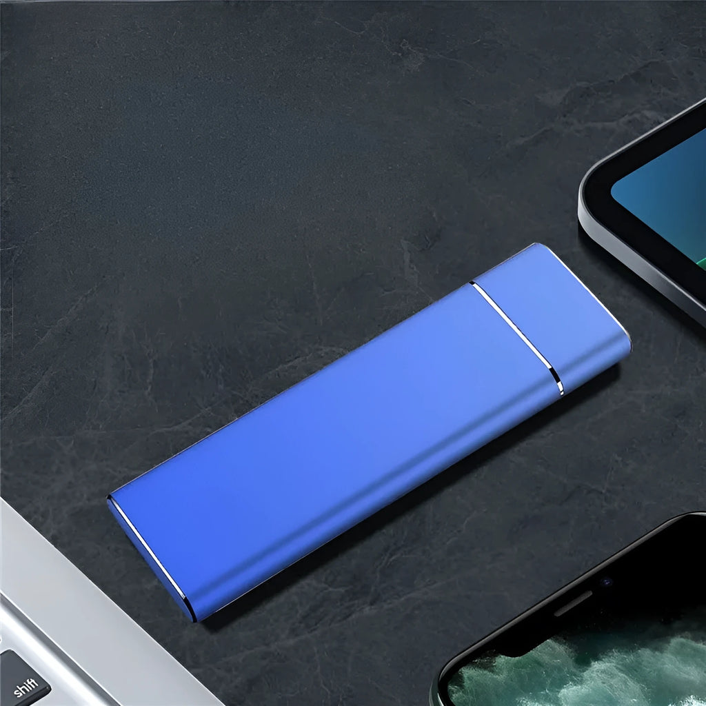 Sapphire blue portable solid state hard drive with metal casing showing compact dimensions