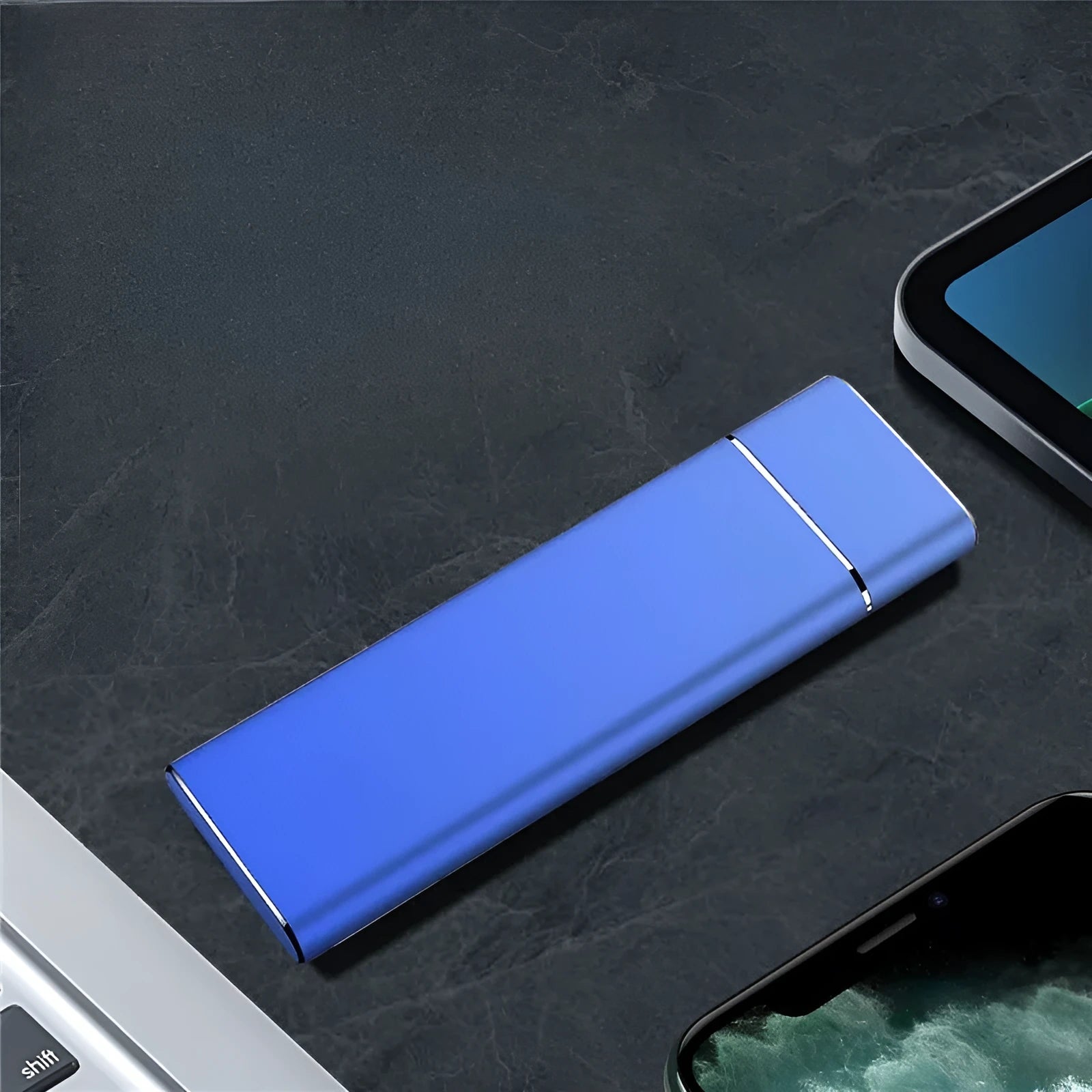 Sapphire blue portable solid state hard drive with metal casing showing compact dimensions