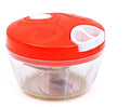 Green manual kitchen chopper grinder with stainless steel blades and a 500ml plastic container.