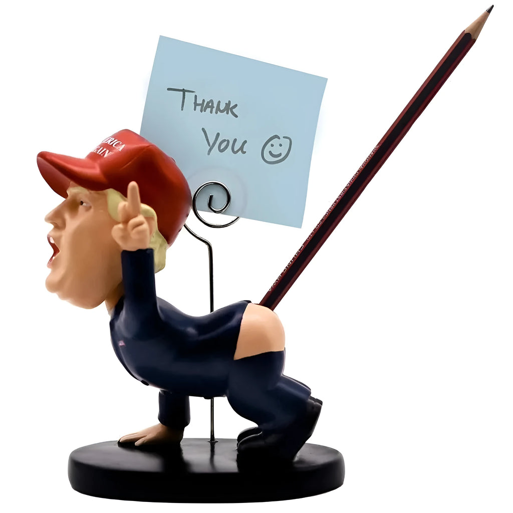 Blue synthetic resin pen holder and business card holder with shaking head doll design on a desk