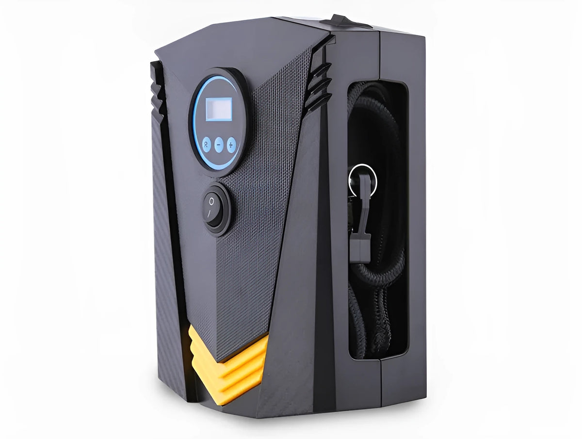 Black 12V electric tyre inflator with digital display, tyre pressure gauge and lighting