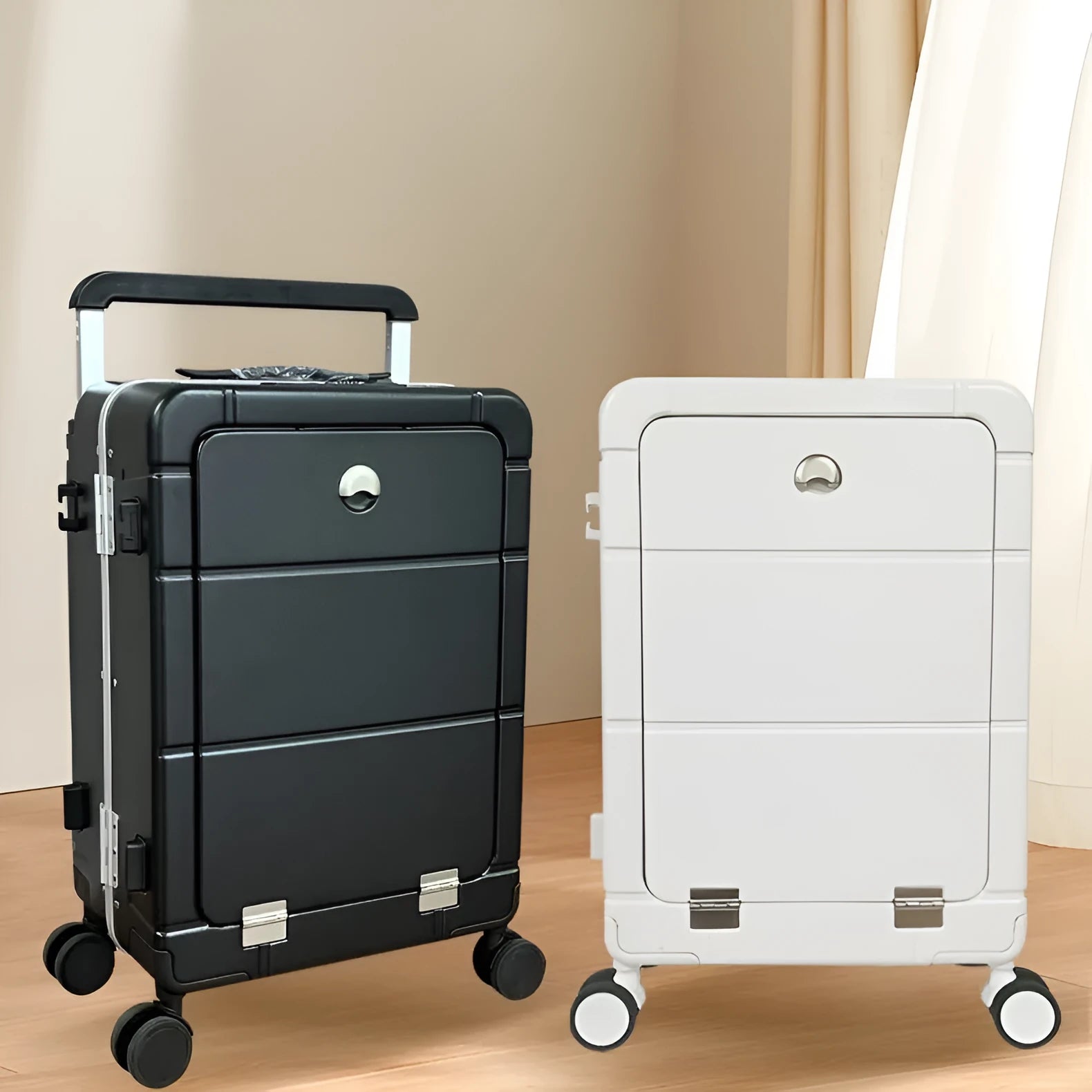 20-inch front opening suitcase in four colour options showing dry wet separation compartments and external holders
