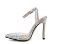 Women's pointed toe stiletto sandals with diamond details on a PVC upper, showcasing a 9cm heel.