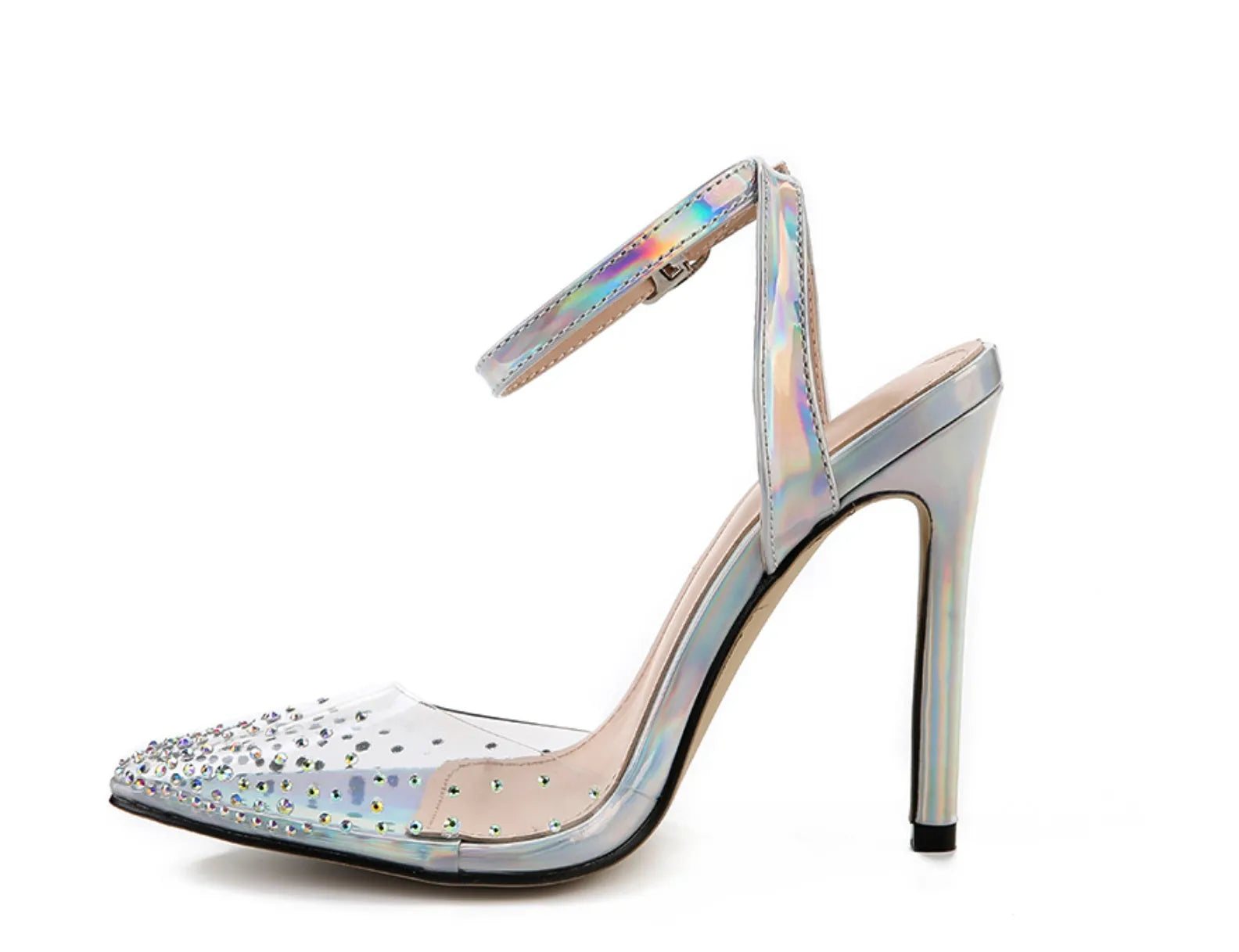 Women's pointed toe stiletto sandals with diamond details on a PVC upper, showcasing a 9cm heel.