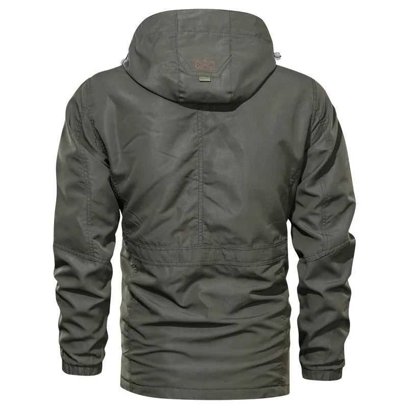 Men's casual outdoor hooded plus size jacket with letter print, stand-up collar, and loose fit in polyester