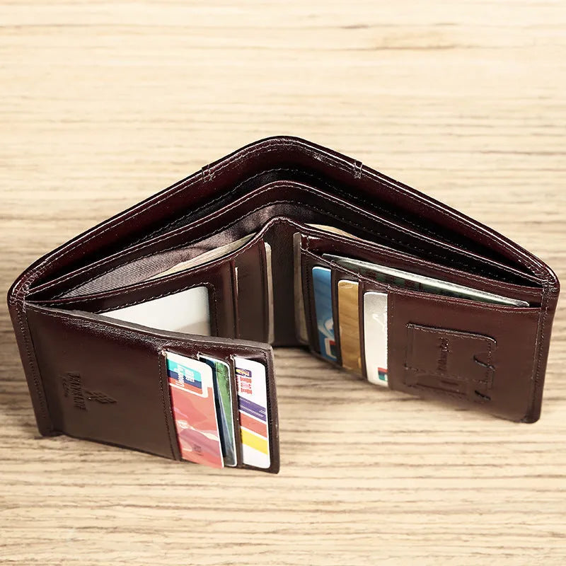 Men's black full-grain leather bifold wallet open, showing card slots, note pocket, and zipped coin compartment.