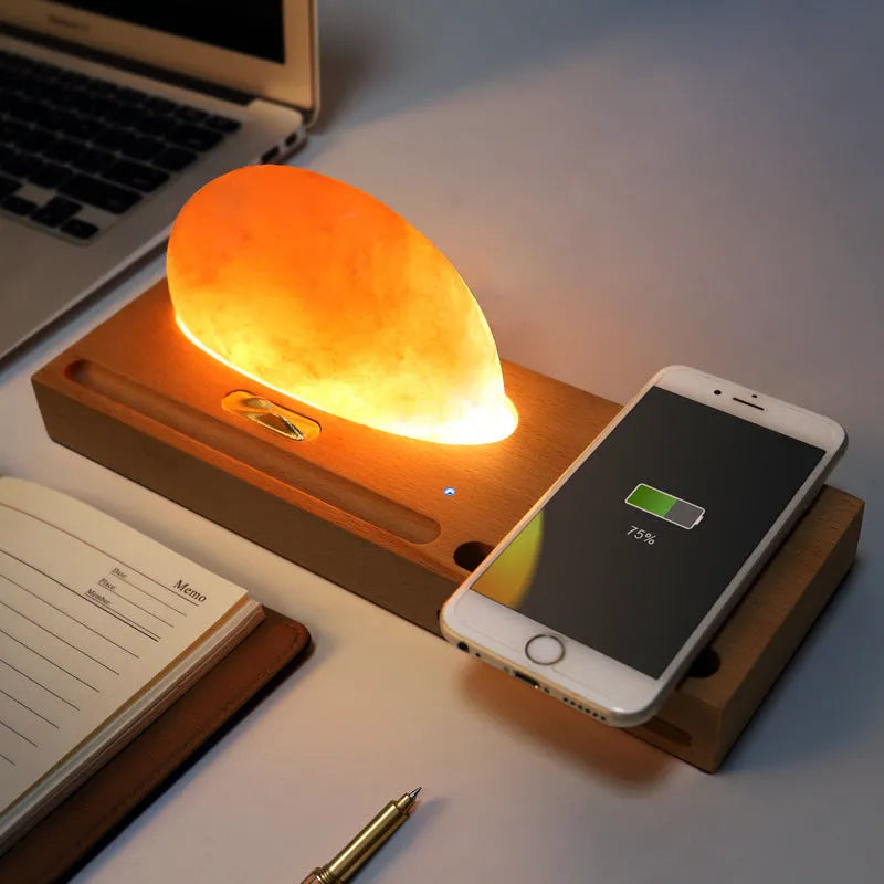 Sunrise Oriental wooden base table lamp with natural salt block shade and wireless phone charging