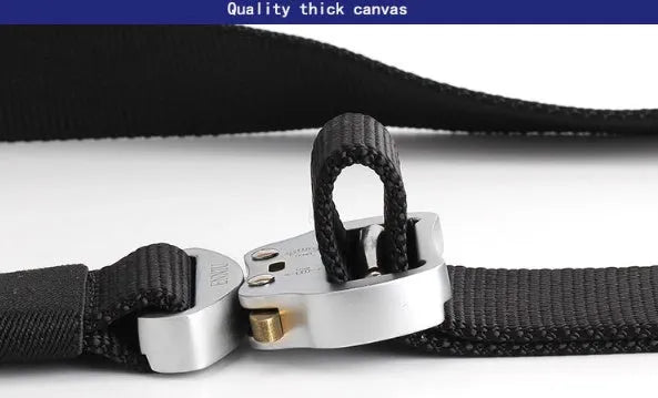 Army Fan tactical belt in nylon with aluminium buckle, 125cm length, colour Black, laid flat on surface