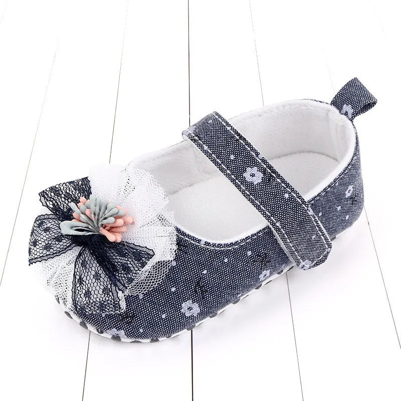 Baby princess shoes with soft sole, cotton upper, and Velcro fastening in blue fuchsia and orange colours