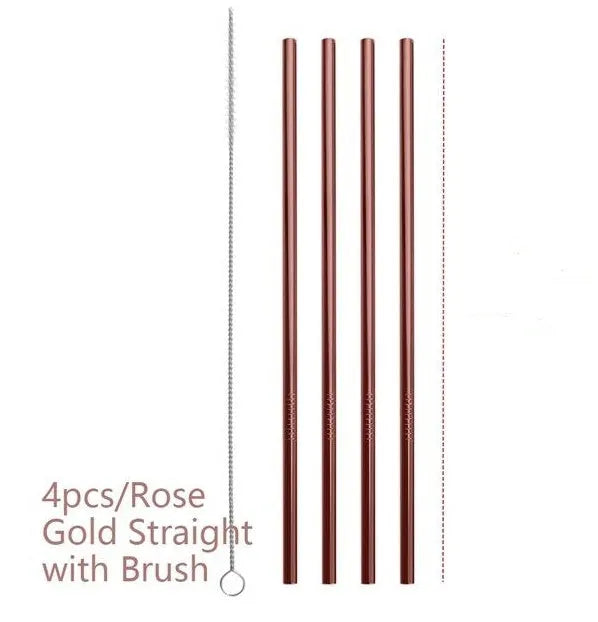 Set of four colourful reusable stainless steel straws in straight and bent styles with a cleaning brush.