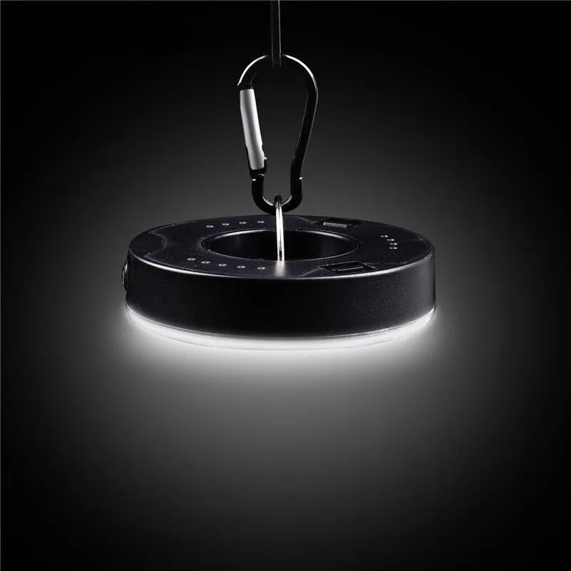 COB LED tent light with carabiner, ABS plastic shell, floodlight beam over 3 metres, primary colour