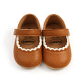 Baby princess shoes with Velcro strap in white, black, fan wood, lemon yellow, and brown colours