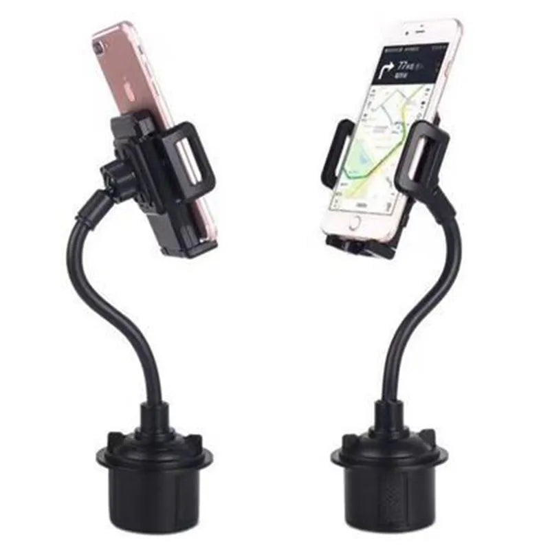 Black universal car phone mount holder with adjustable side grips, shown mounted on a car air vent.
