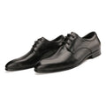 Men's black checkered leather derby shoes with a pointed toe and rubber sole.