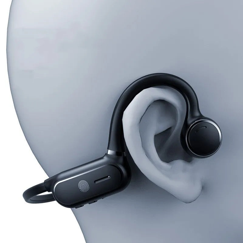 Black air conduction wireless earphones with an over-ear hook design and titanium alloy frame.