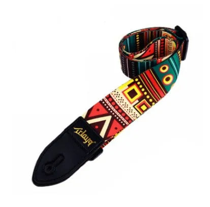 Printed cloth guitar strap showing eight graphic design options including national flag and space patterns