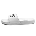 Large size men's open-toe personalised slippers with a black rubber sole on a white background.