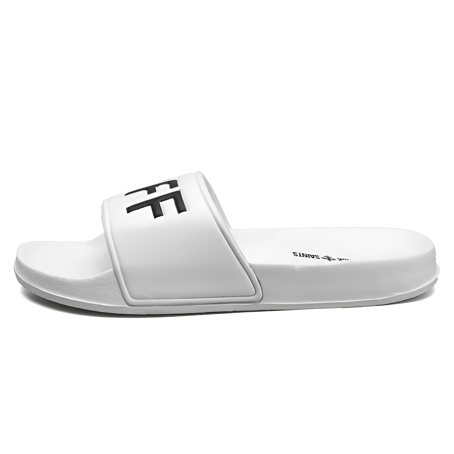 Large size men's open-toe personalised slippers with a black rubber sole on a white background.