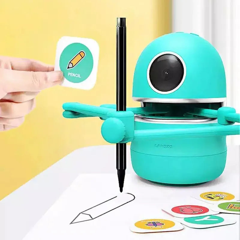 Children painting robot with English voice guidance on a table, showing drawing cards and suction cup base