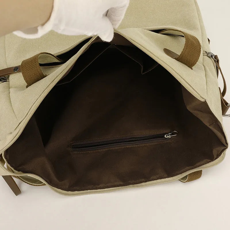 Women's retro style canvas shoulder bag in horizontal square shape with organisational compartments