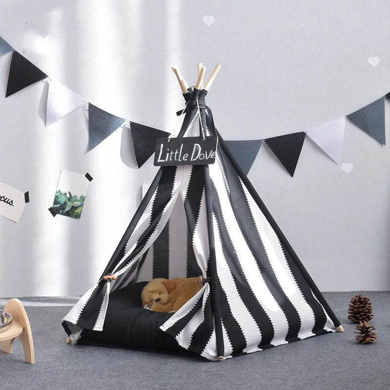 Detachable pentagonal pet tent in black and white stripes with cotton canvas cover and New Zealand pine frame