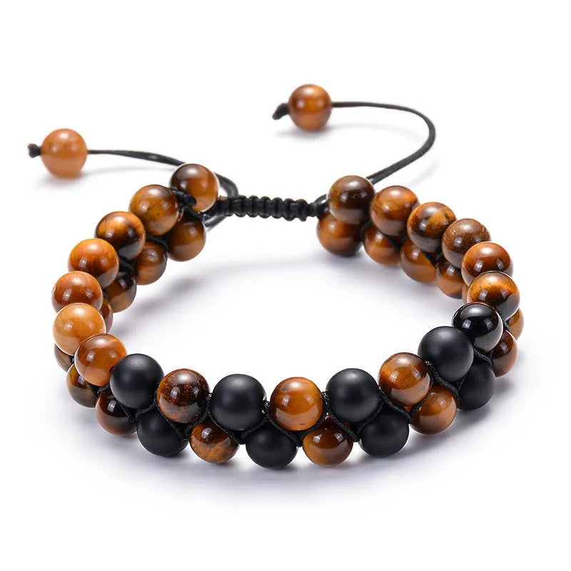 Geometric couple bracelets with tiger eye and matte black agate beads