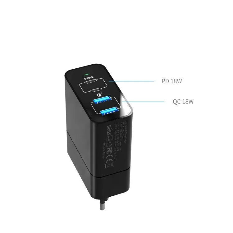 Black dual port USB-C and USB-A charger with US plug, 48W total power, compact design on white background